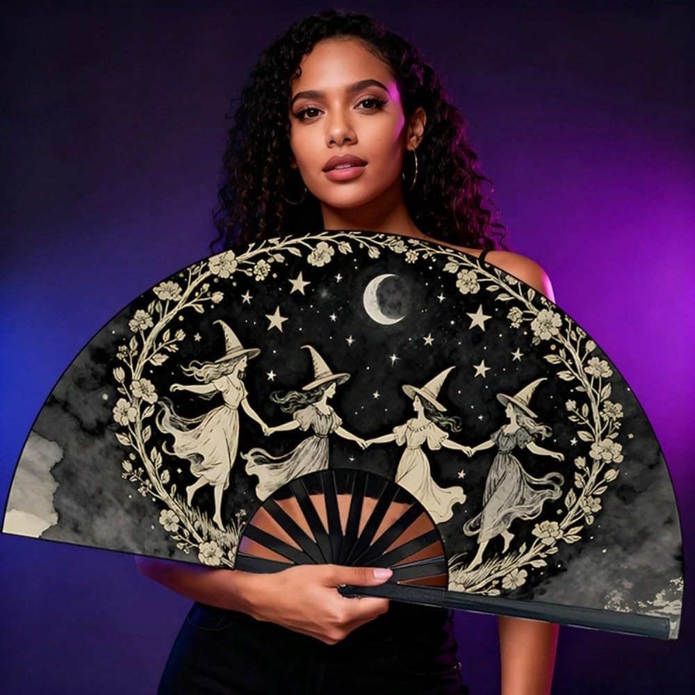 Large Folding Hand Fan, Black, Dancing Witches Design, Moon and Stars Theme, Halloween Costume Accessory