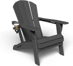 Kingdura Foldable Adirondack Chair, Portable HDPE All Weather Resistant Outdoor Patio Chair, Wooden Textured with Cup Holder, 380LBS Capacity for Poolside, Backyard, Deck, Fire Pit (Black)