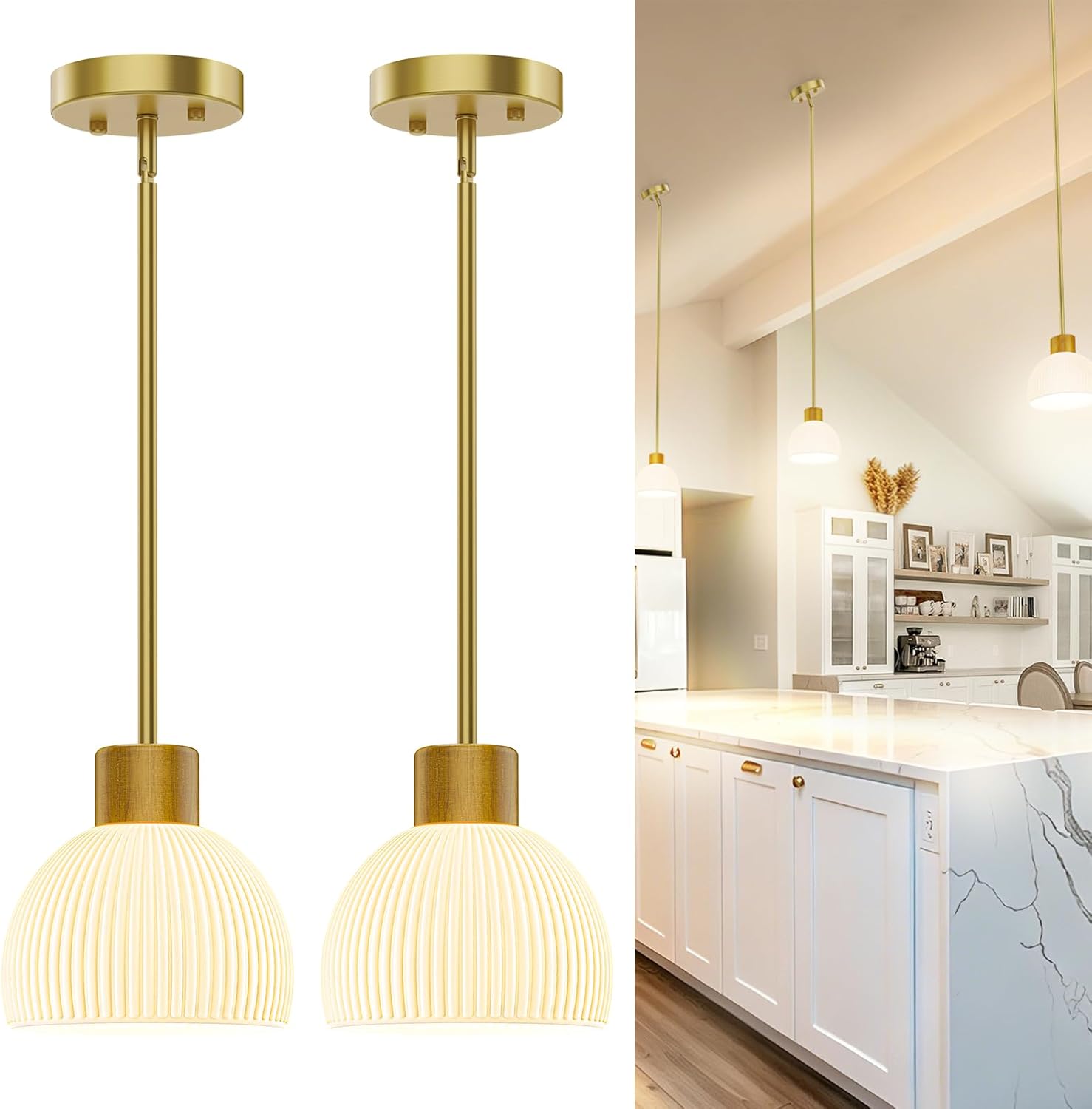 Pendant Lights Kitchen Island, Modern Gold Hanging Light Fixture with Glass Shade, Hardwired Adjustable Metal Rod for Dining Room, Entryway (2, Gold)