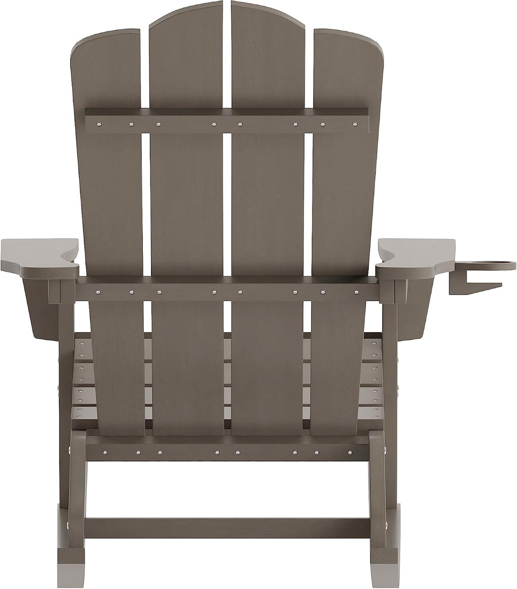 Flash Furniture Newport Adirondack Rocking Chair with Cup Holder, Weather Resistant Poly Resin Adirondack Rocking Chair, Brown