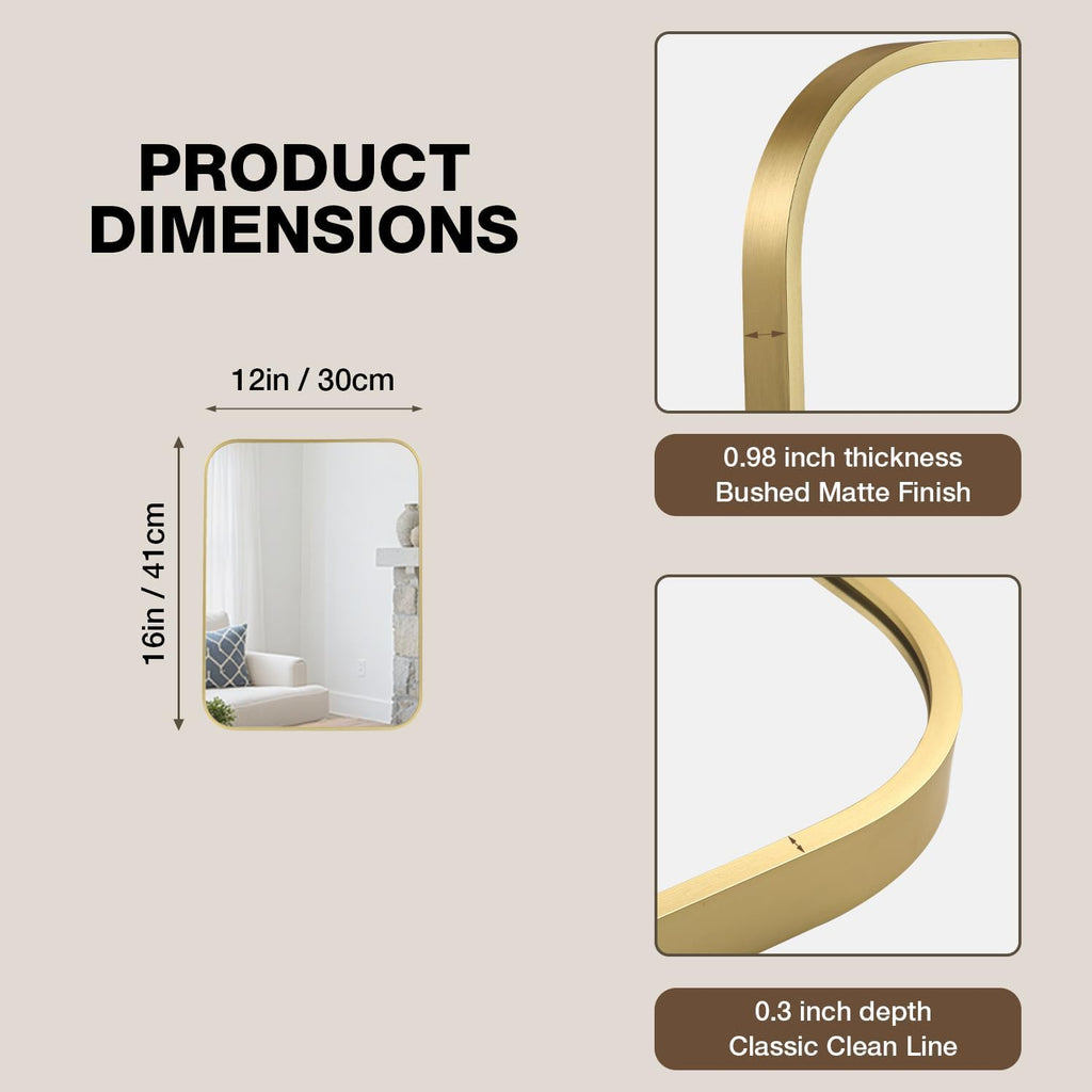 12x16 Inch Bathroom Mirrors for Over Sink, Brushed Gold Rectangle Mirror for Bathroom or Entryway, Wall Mounted Vanity Mirror with Aluminum Alloy Frame & Tempered Glass, Hangs Horizontally/Vertically