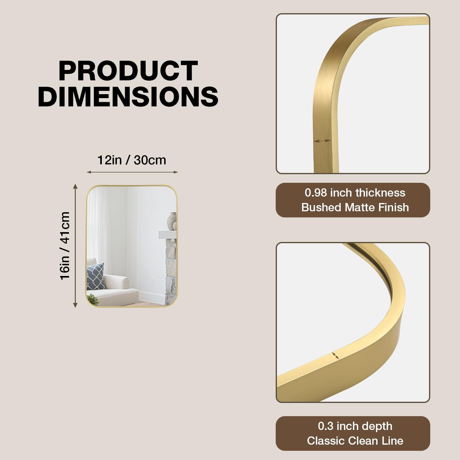 12x16 Inch Bathroom Mirrors for Over Sink, Brushed Gold Rectangle Mirror for Bathroom or Entryway, Wall Mounted Vanity Mirror with Aluminum Alloy Frame & Tempered Glass, Hangs Horizontally/Vertically