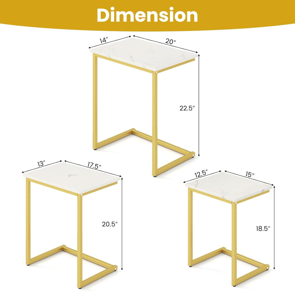 GOFLAME Nesting Coffee Tables Set of 3, Rectangular Nesting Center Table with Faux Marble Top & Metal Frame, Modern C-Shaped Nested Side Table Set for Living Room, Bedroom, Gold & White