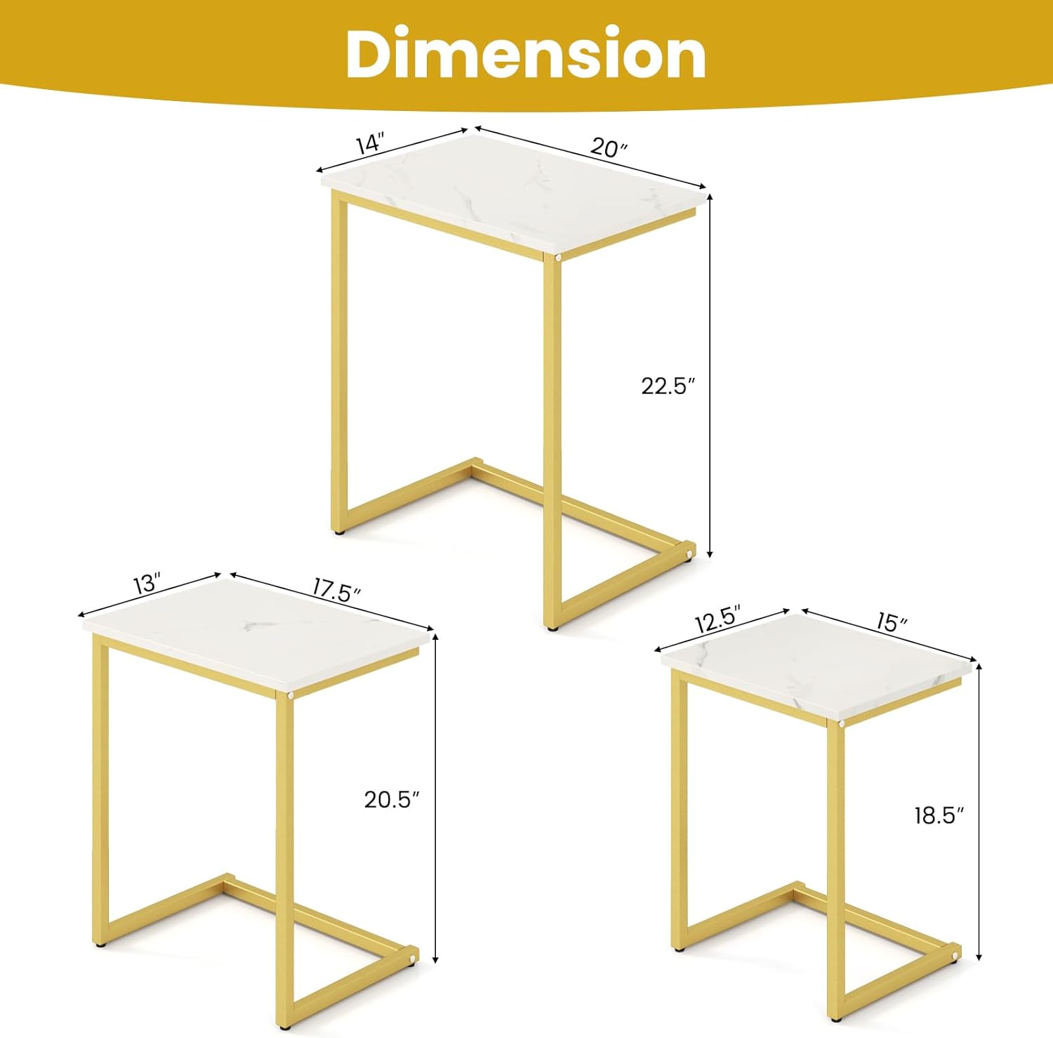 GOFLAME Nesting Coffee Tables Set of 3, Rectangular Nesting Center Table with Faux Marble Top & Metal Frame, Modern C-Shaped Nested Side Table Set for Living Room, Bedroom, Gold & White
