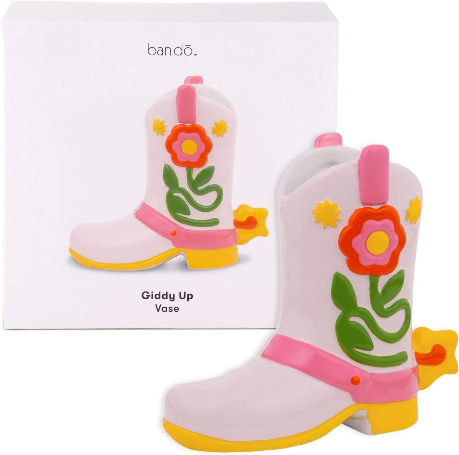 ban.do Small Ceramic Cowboy Boot Vase, Giddy Up | Cute Petite Cowgirl Boot, Colorful Ceramic Shelf Decor for Home or Office, Unique/Quirky/Funky/Fun Flower Vase or Pencil Cup