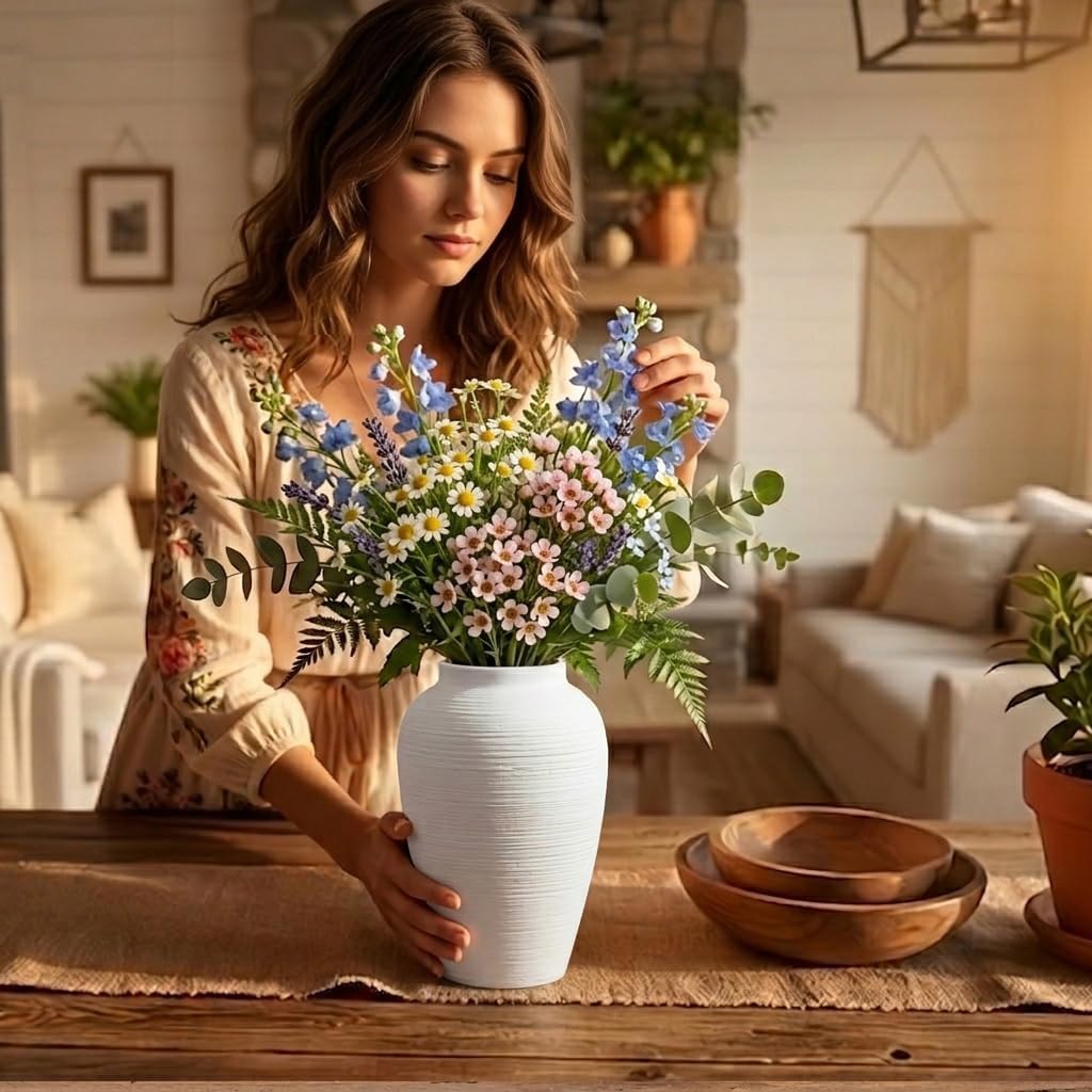 Off-White 10” Ceramic Vase for Home Decor, Farmhouse & Boho Decorative Pottery Vase for Table Centerpiece, Mantel, Shelf, Living Room, Kitchen, and Entryway (White Ribbed - 10" Medium)
