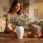 Off-White 10” Ceramic Vase for Home Decor, Farmhouse & Boho Decorative Pottery Vase for Table Centerpiece, Mantel, Shelf, Living Room, Kitchen, and Entryway (White Ribbed - 10" Medium)