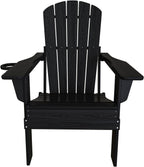 Plawdlik Folding Adirondack Chair Set of 4, Cup Holder，Wooden Textured ，Heavy All-Weather HDPE Comfortable Set Poolside Backyard Lawn Black