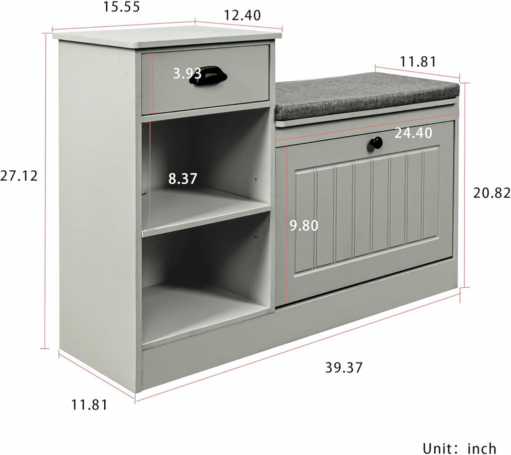 Shoe Storage Bench, Modern Wooden Shoe Cabinet with Flip Drawer and Adjustable Shelf, Entry Way Bench with Padded Seat Cushion for Entryway, Hallway, Living Room,Pebble Grey