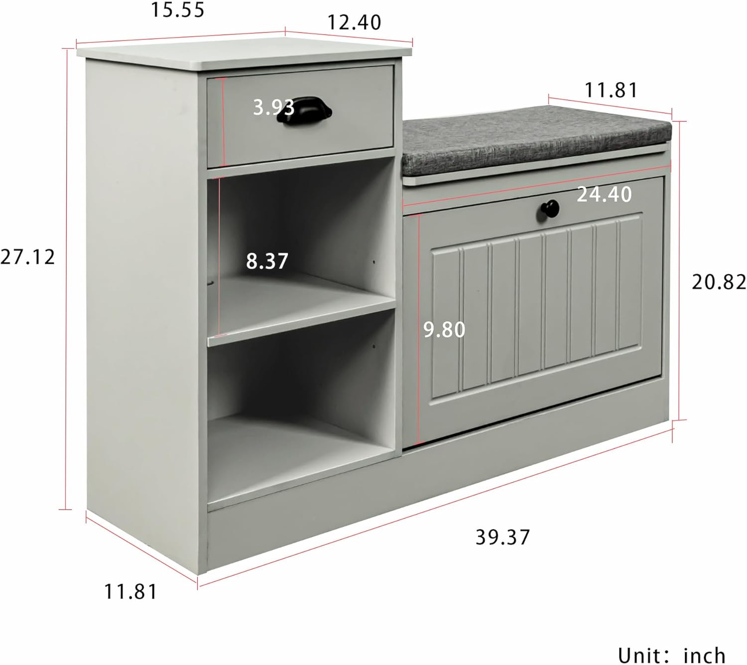 Shoe Storage Bench, Modern Wooden Shoe Cabinet with Flip Drawer and Adjustable Shelf, Entry Way Bench with Padded Seat Cushion for Entryway, Hallway, Living Room,Pebble Grey