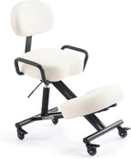 Ergonomic Kneeling Chair with Backrest, Improve Posture, Thick Cushions, Locking Wheels for Home & Office, AKONI 512B (Vanilla)