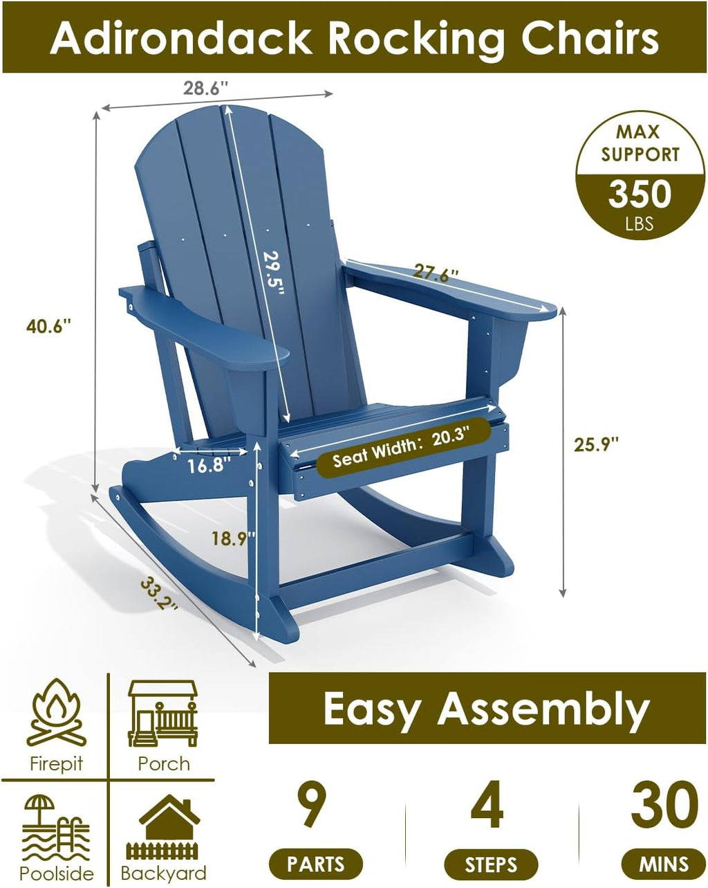 GREENVINES Adirondack-Rocking-Chairs | Set of 2 | HDPE Plastic | Porch Rocker Chair | for Outdoor Patio Deck | Weatherproof | Blue