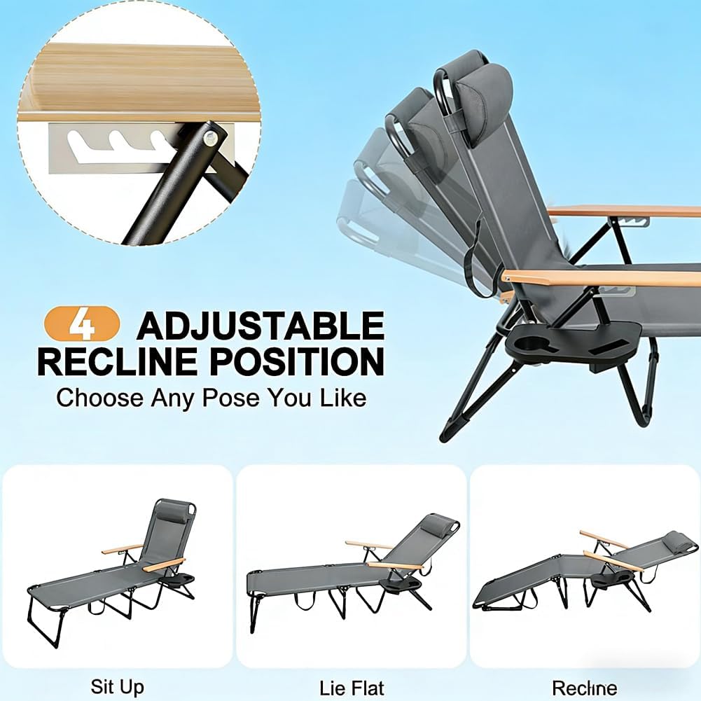 Folding Lounge Chair with Adjustable Canopy, Portable Sun Lounger with 4-Position Reclining Back, Outdoor Chaise Lounge with Arms, Tanning Chair for Beach Poolside Backyard Camping, 440LBS (Gray B)