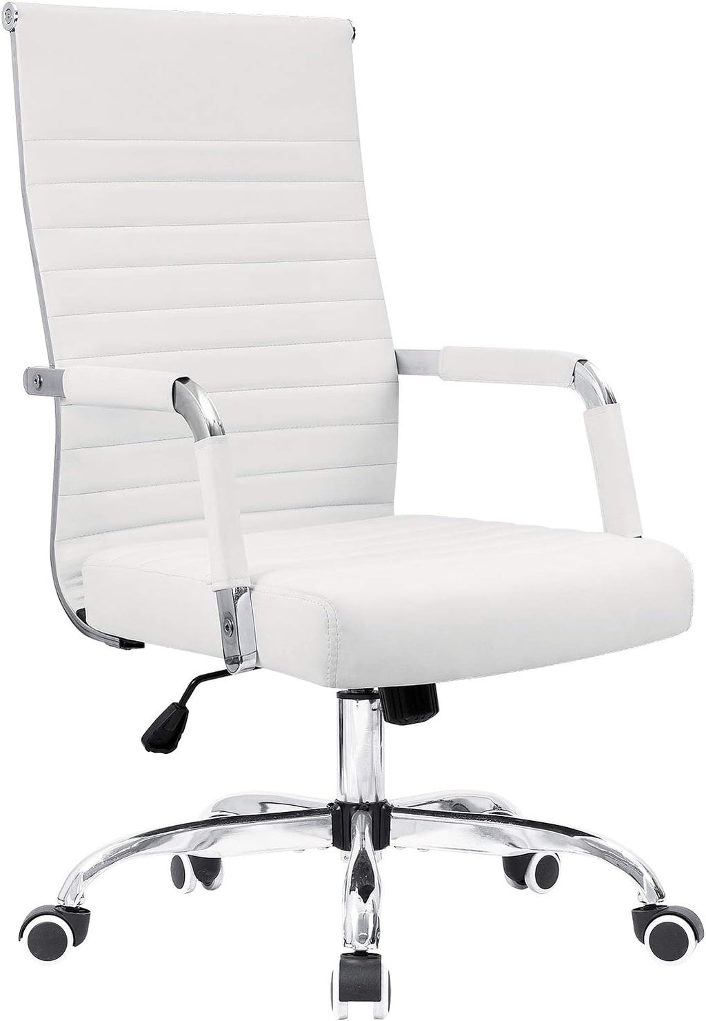 KaiMeng Ribbed Office Desk Mid Back Computer Chair Height Adjustable Conference Executive Task Swivel PU Leather (White)