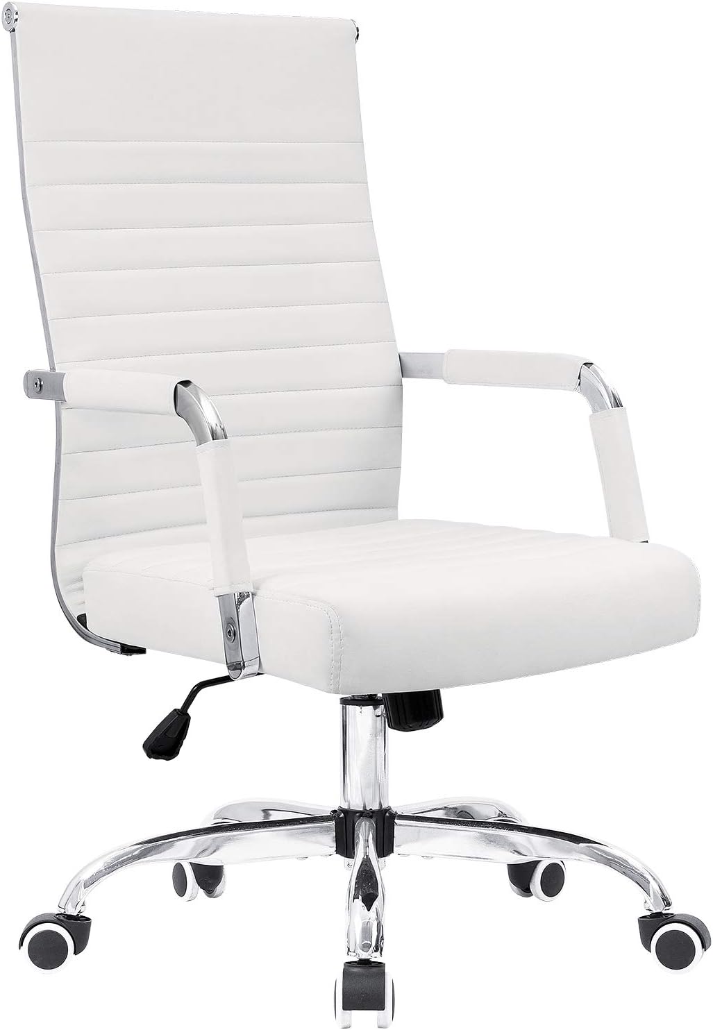 KaiMeng Ribbed Office Desk Mid Back Computer Chair Height Adjustable Conference Executive Task Swivel PU Leather (White)