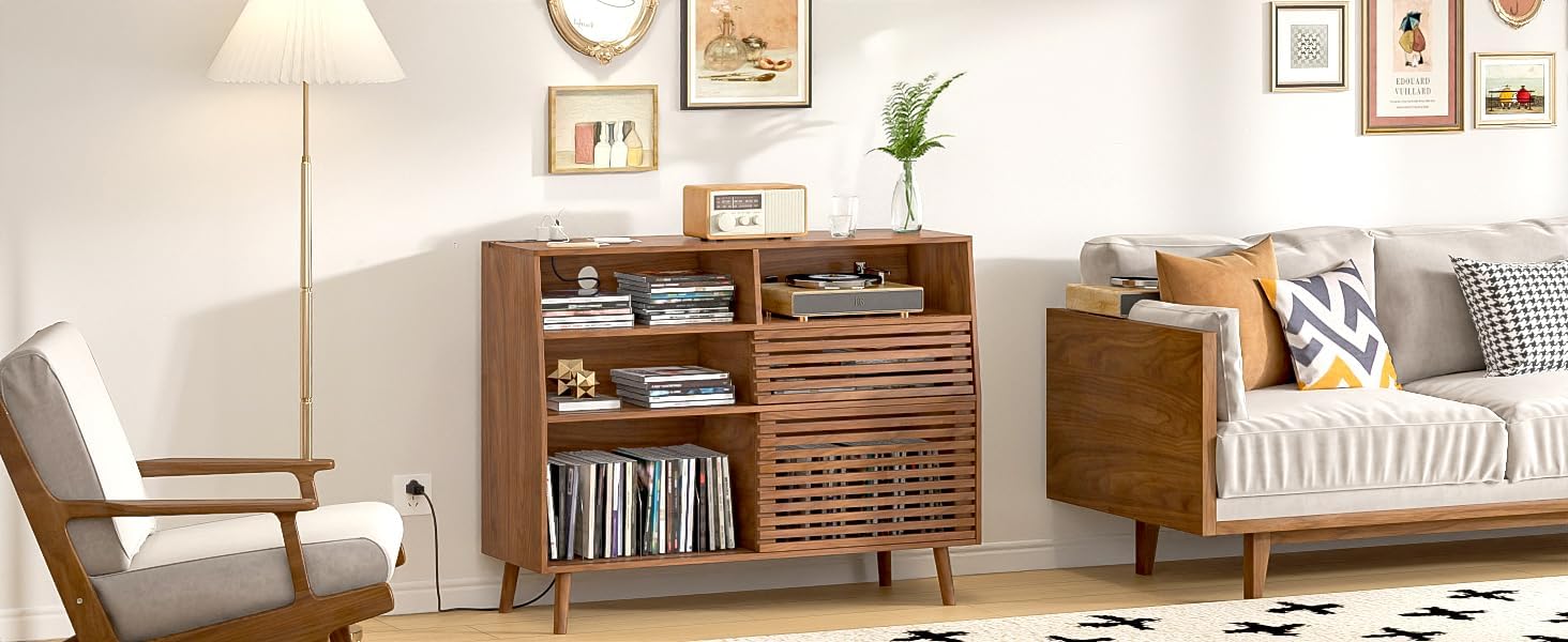 Mid Century Record Player Stand, Large Vinyl Turntable Console with Doors, Charging Station, 451 Albums Capacity Media Storage Shelf, Entertainment Center for Living Room, Bedroom, Walnut