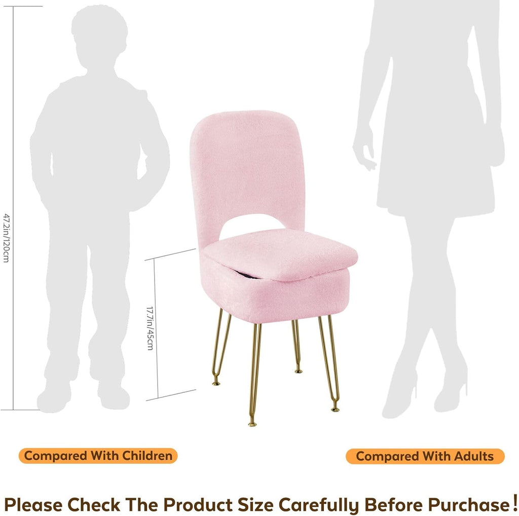 BRIAN & DANY Vanity Chair with Storage and Folding Back, Faux Fur Square Storage Chair, Vanity Stool Chair with 4 Metal Legs for Bedroom, Living Room and Makeup Stations, 13.4"x 15"x 30", White