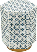 15x13'x18.5' Hexagonal Accent Table with Blue Capiz Design & Gold Base ?Elegant Side Table for Living Room, Bedroom, Office Decor