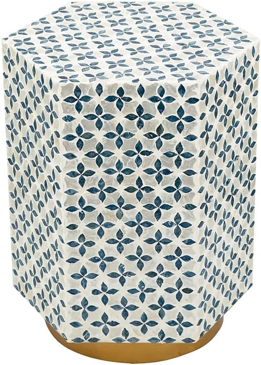 15x13'x18.5' Hexagonal Accent Table with Blue Capiz Design & Gold Base ?Elegant Side Table for Living Room, Bedroom, Office Decor