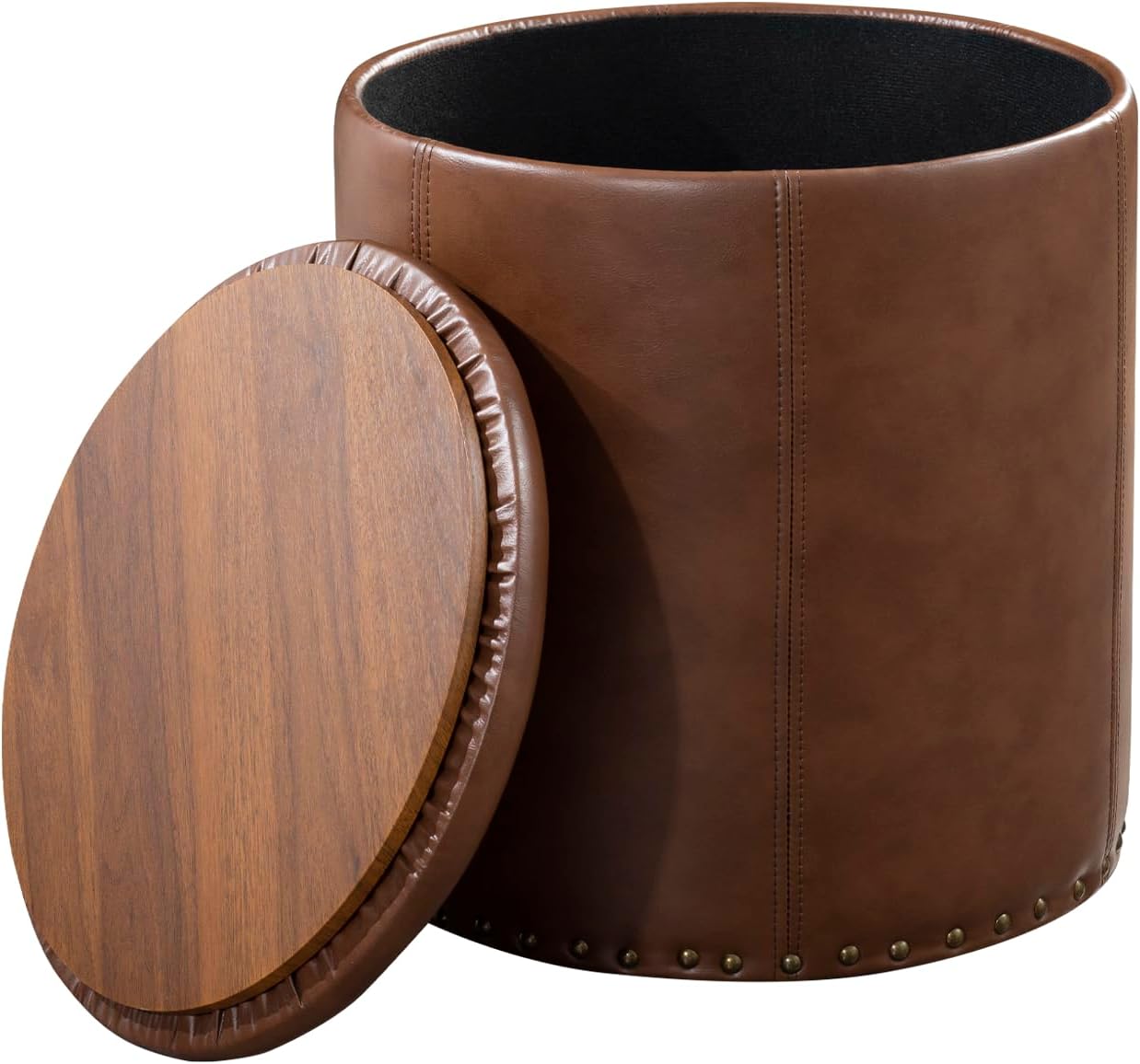 Adeco Brown Upholstered Round Faux Leather Storage Ottoman with Tray Lid | Tufted Foot Rest Ottoman for Living Room & Bedroom | Decorative Home Furniture
