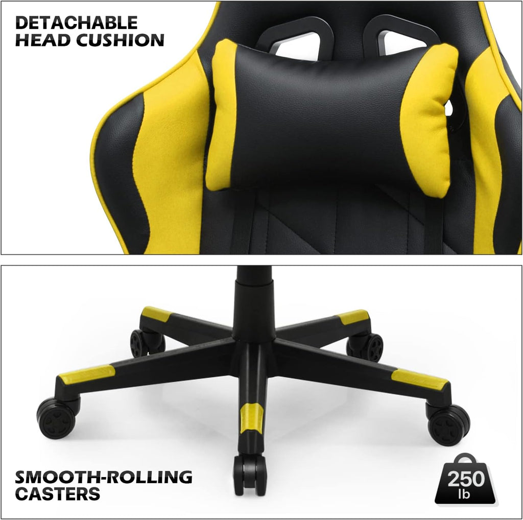 MoNiBloom Gaming Chair Racing Style High-Back Reclining Ergonomic Swivel Chair with Adjustable Headrest and Lumbar Support, PU Leather Executive Chair for Home Office Gaming, Yellow