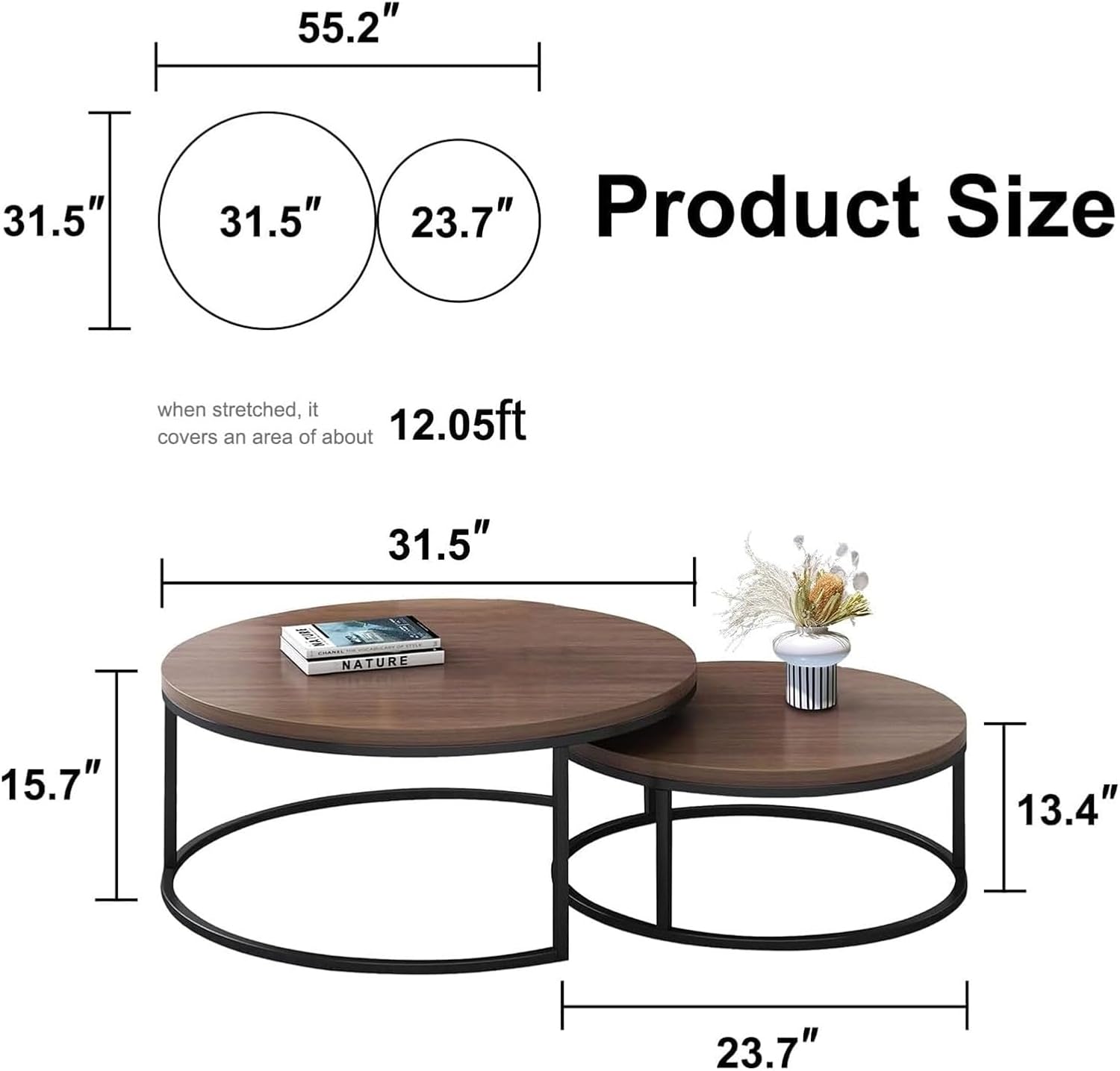 Round Nesting Coffee Table Set of 2, Modern Minimalist Accent Tables for Living Room, Bedroom, Office, Stackable Side Tables(Walnut)
