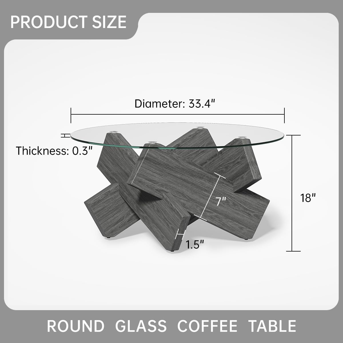 Gray Round Glass Coffee Table,33-Inch Coffee Tables for Living Room Clear Circle Accent Table Adapts to Farmhouse and Contemporary Decor