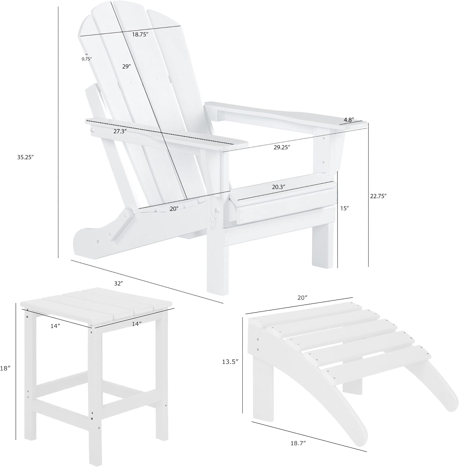 WestinTrends Malibu Outdoor Lounge Chairs, 3-Pieces Adirondack Chair Set with Ottoman and Side Table, All Weather Poly Lumber Patio Lawn Folding Chair for Outside Pool Garden Backyard, Black
