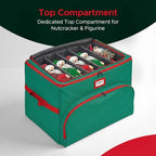 Christmas Nutcracker and Figurine Collectible Storage Box - Holds Up to 72 Ornaments 4” x 4” - Top Adjustable Compartments for Figurines, Nutcrackers, etc - Heavy Duty 600D/ Inside PVC Material, Green