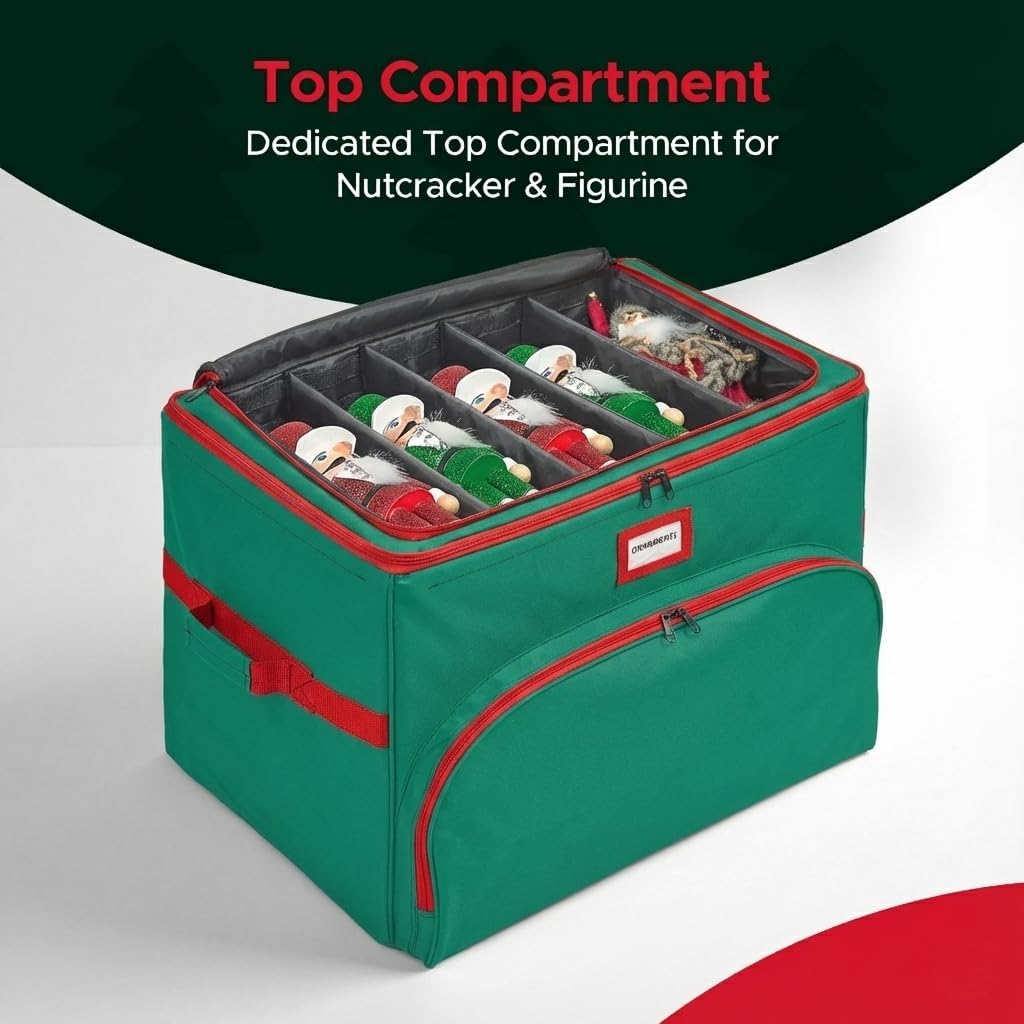 Christmas Nutcracker and Figurine Collectible Storage Box - Holds Up to 72 Ornaments 4” x 4” - Top Adjustable Compartments for Figurines, Nutcrackers, etc - Heavy Duty 600D/ Inside PVC Material, Green