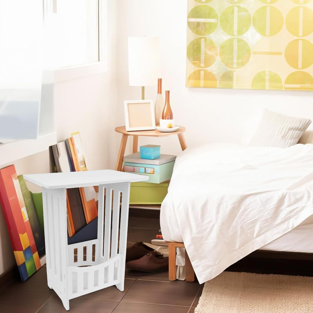 White PVC Side Table, 2/3 Tier Narrow End Table with Display Shelf, Compact Nightstand Bookcase for Bedroom Living Room Bathroom(Single level)