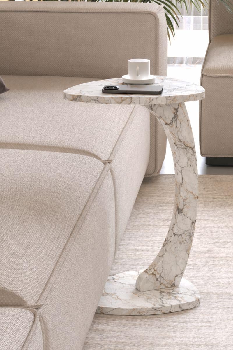 C Shaped Triangular Top Table for Couch Small Places, Space Saver Sheild Top Side Table for Sofa and Bedside with Wheels, Coffee and Eating Snack for Living Room, Office (White Marble)