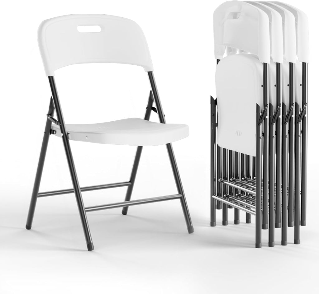 Folding Chairs, 600lbs Capacity, Heavy-Duty Commercial Stackable Plastic Foldable Chairs for Indoor/Outside, Office, Kitchen, Party, Patio(White, 4 Pack)