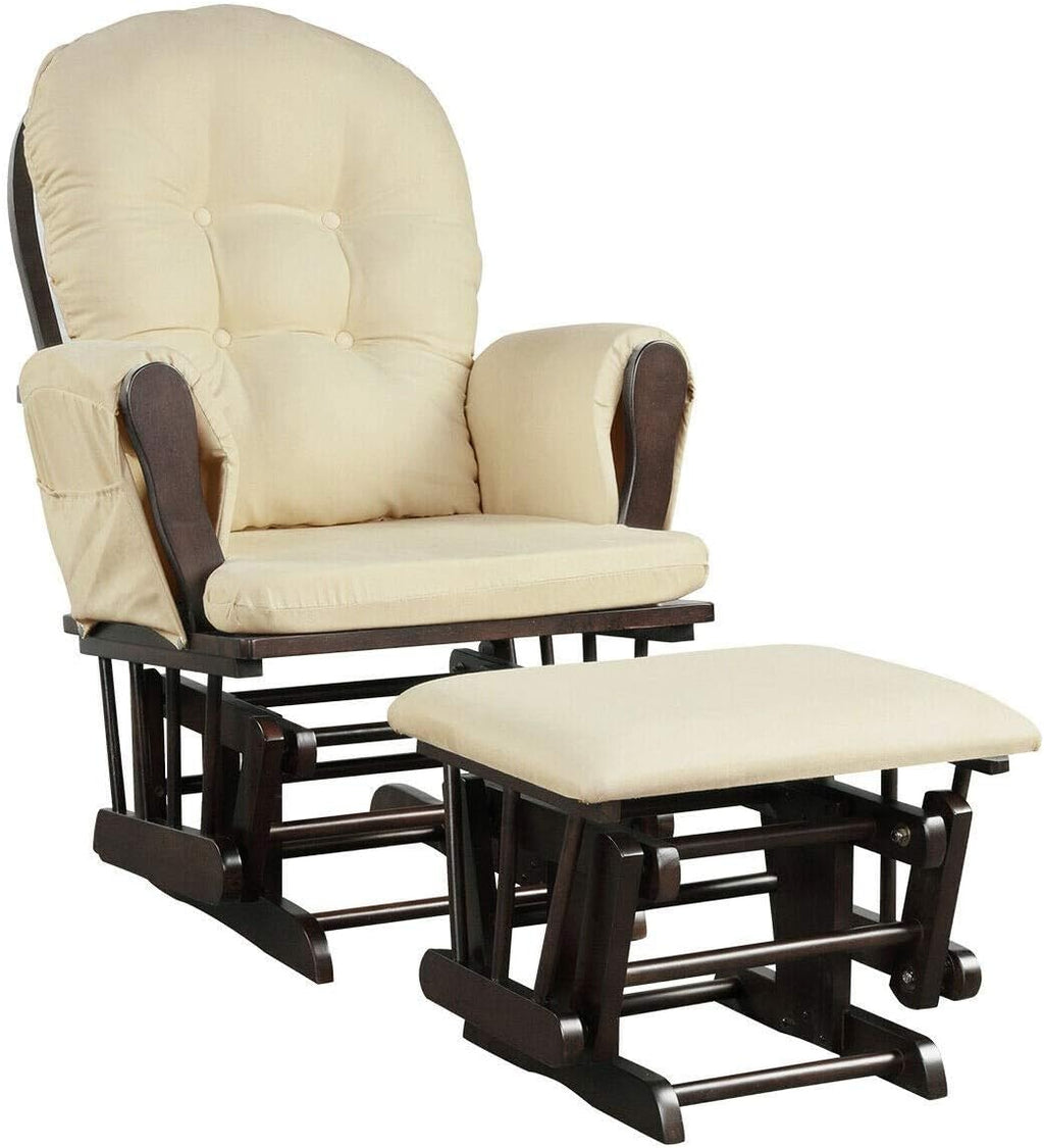 Nursery Rocking Chairs Nursery Glider Rocking Chair Wood Baby Rocker with Ottoman Cushion Upholstered Nursing Chair with Padded Arms (Beige)