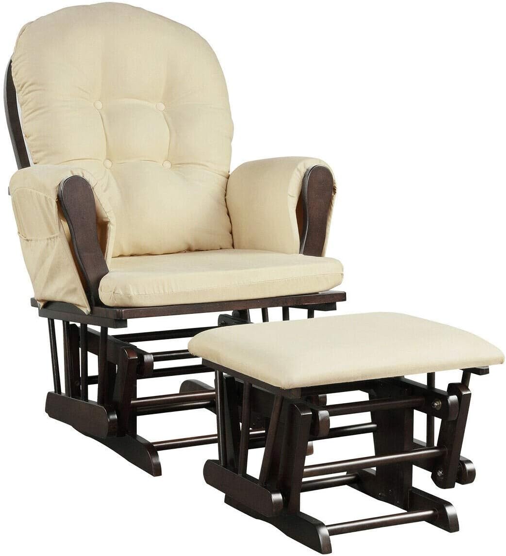 Nursery Rocking Chairs Nursery Glider Rocking Chair Wood Baby Rocker with Ottoman Cushion Upholstered Nursing Chair with Padded Arms (Beige)