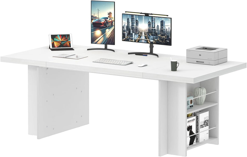 FOLUBAN 70" White Computer Desk, Large Executive Desk for Home Office, Modern Wood Conference Table Workstation with Side Storage Shelves, Long Study Writing Gaming Table for 2 Person