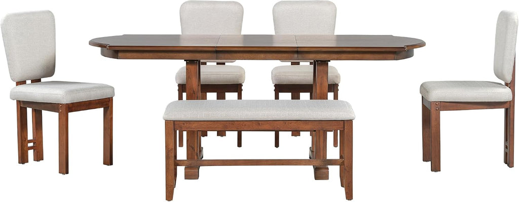 6-Piece Traditional Dining Table Set, 78" Extendable Wood Table with 18" Removable Leaf, 4 Upholstered Dining Chairs & 1 Bench, Espresso & Beige