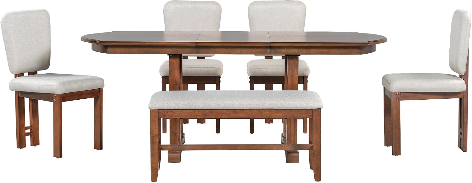 6-Piece Traditional Dining Table Set, 78" Extendable Wood Table with 18" Removable Leaf, 4 Upholstered Dining Chairs & 1 Bench, Espresso & Beige