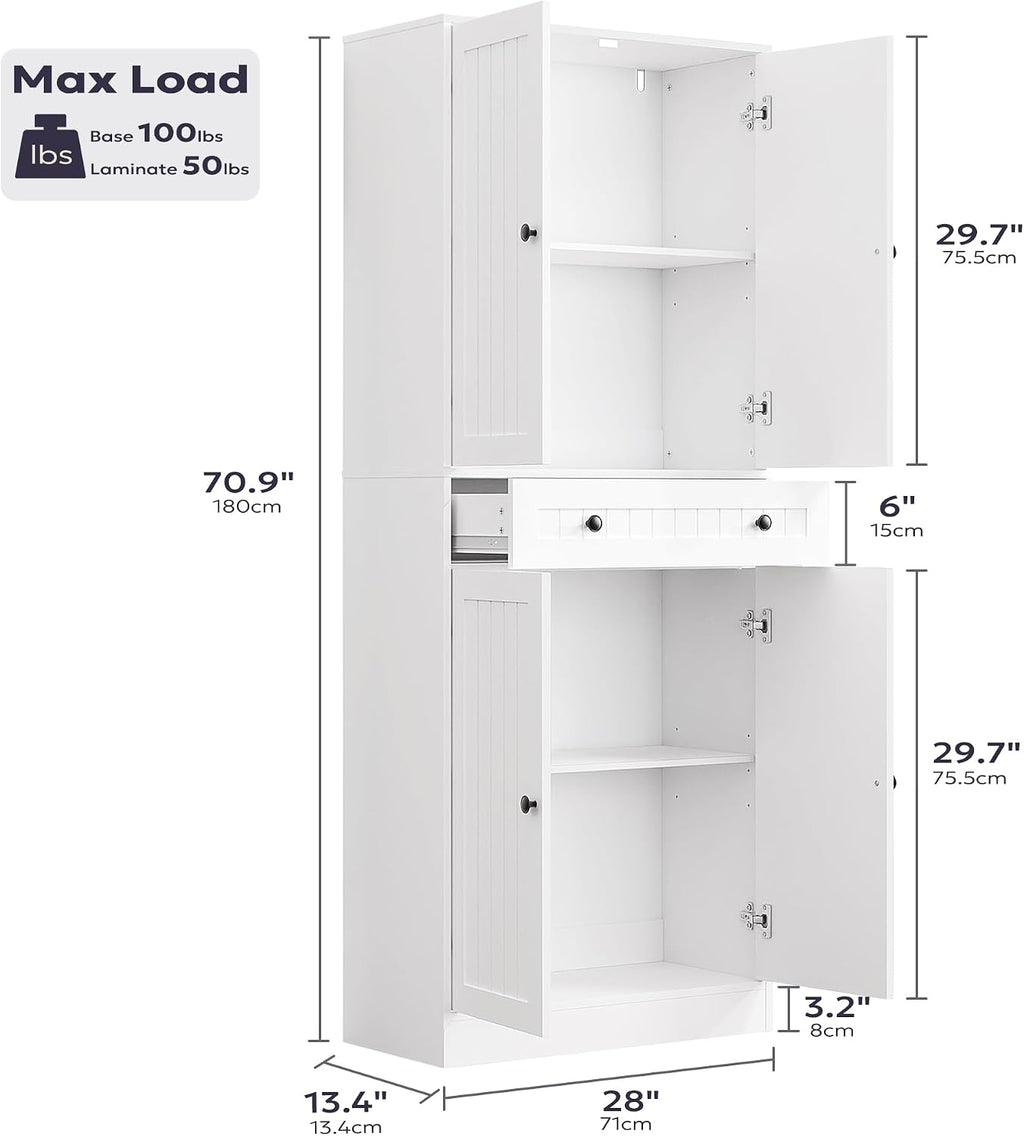 Furnify Kitchen Pantry Storage Cabinet, 71" H Farmhouse Pantry Cabinet with 4 Doors & Drawer, Freestanding Cupboard with Adjustable Shelves, Rustic Wood Cupboard for Kitchen, Dining Room, White