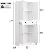 Furnify Kitchen Pantry Storage Cabinet, 71" H Farmhouse Pantry Cabinet with 4 Doors & Drawer, Freestanding Cupboard with Adjustable Shelves, Rustic Wood Cupboard for Kitchen, Dining Room, White