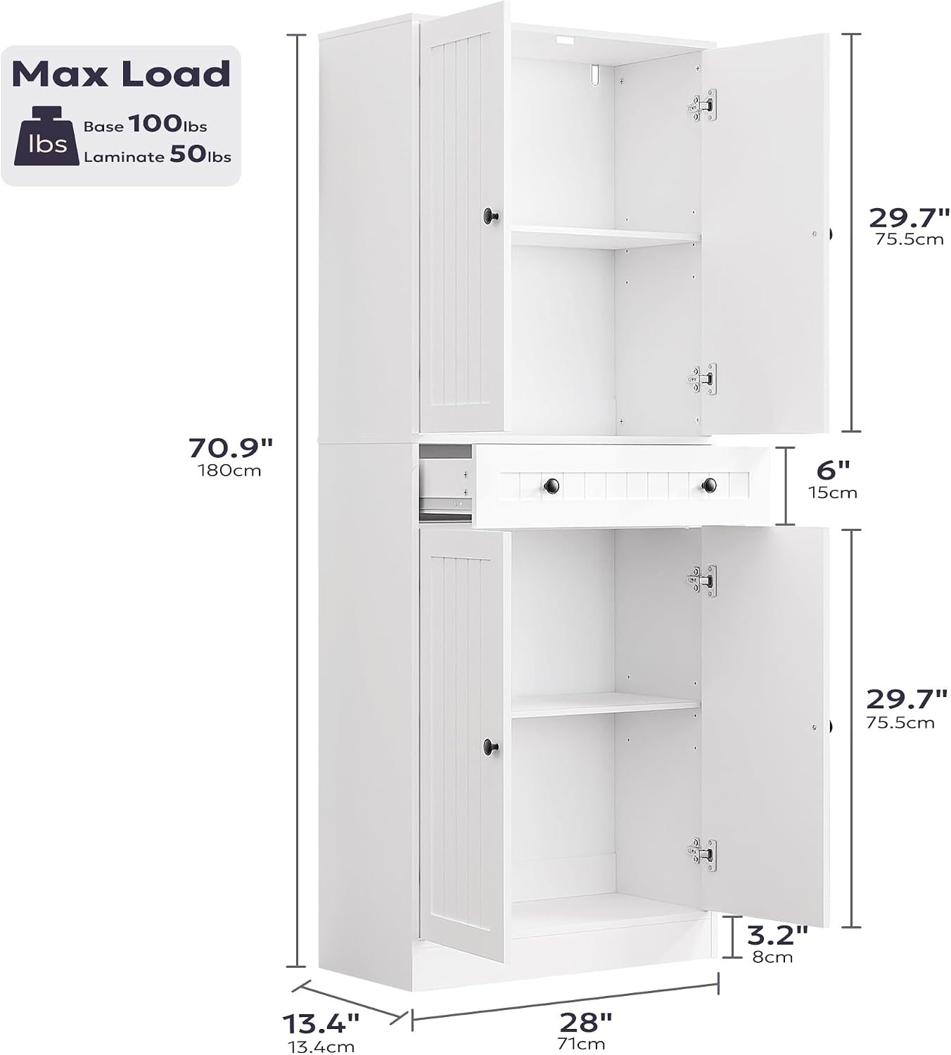 Furnify Kitchen Pantry Storage Cabinet, 71" H Farmhouse Pantry Cabinet with 4 Doors & Drawer, Freestanding Cupboard with Adjustable Shelves, Rustic Wood Cupboard for Kitchen, Dining Room, White