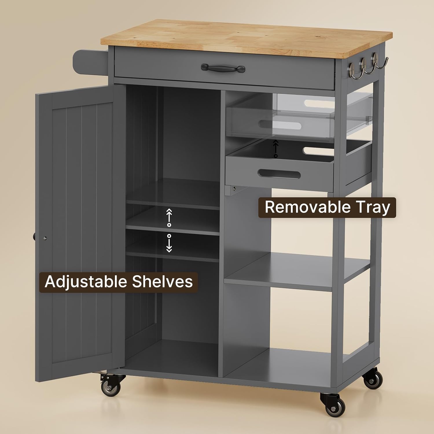 Gizoon Kitchen Cart, Rolling Kitchen Island Cart | Drawer, 22.8''W Countertop, Adjustable Shelve, Door, 4 Wheel, 3 Hook, Towel Rack, Multifunctional Storage Trolley, Grey