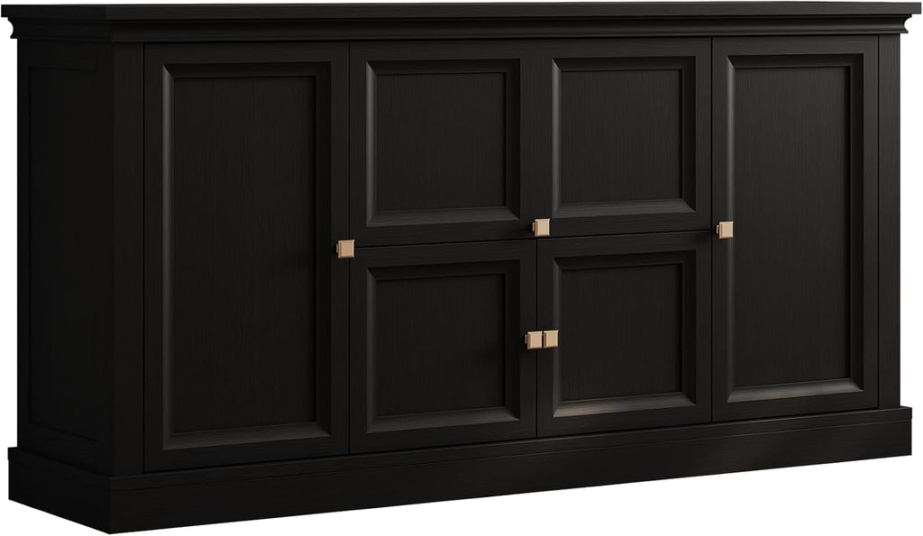 ONBRILL 63" Large Buffet Cabinet with Storage, Farmhouse Sideboard Cabinet with Grooved Barn Doors, Wood Rustic Kitchen Buffet Table Coffee Bar Storage Cabinet for Kitchen, Living Room (Black)
