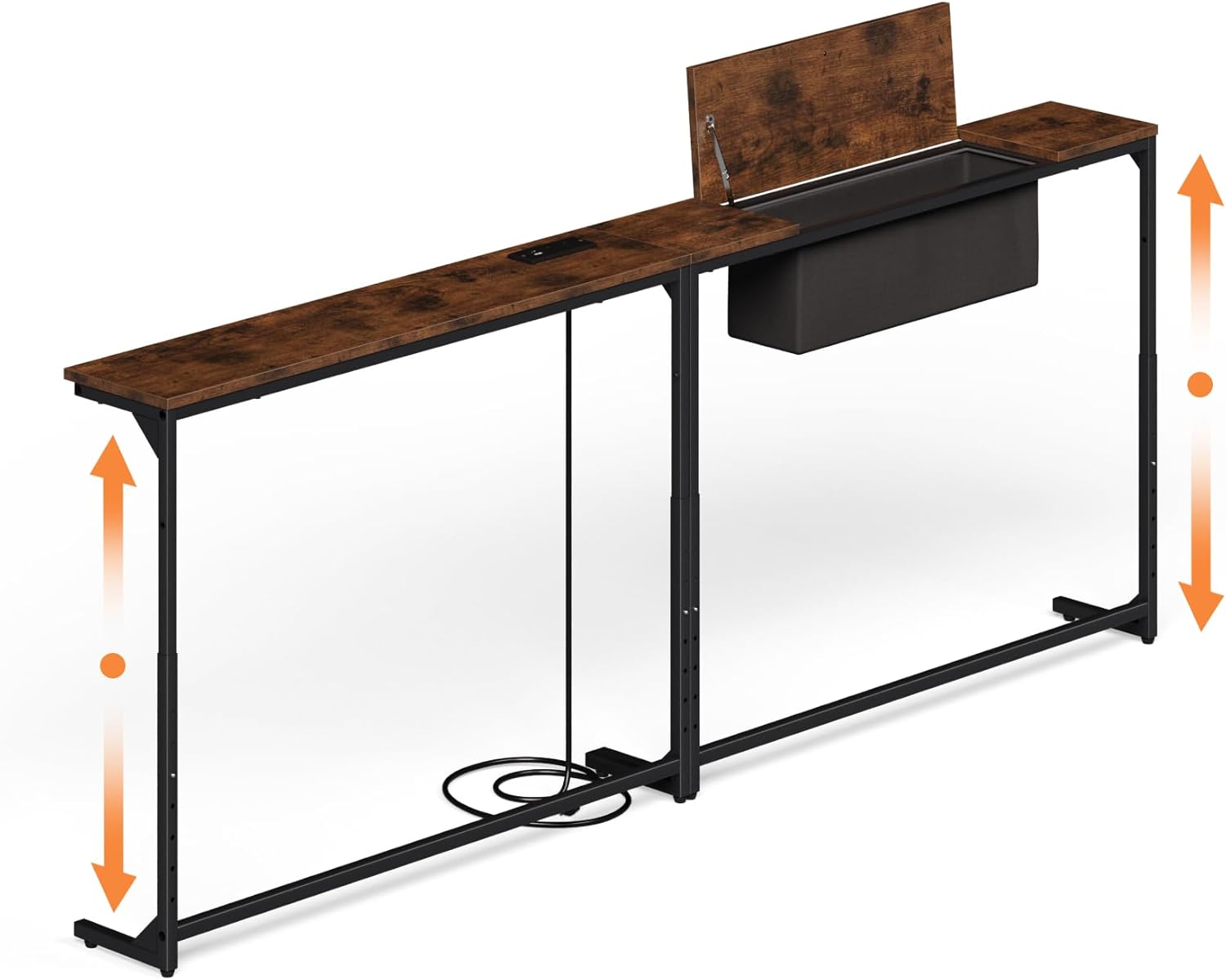 LIFECHOVY 78.8 Inch Narrow Console Table with Power Outlets, 25.2"-35" Adjustable Height Skinny Behind the Couch Table with Fabric Storage, Long Sofa Table for Living Room, Entryway, Rustic Brown