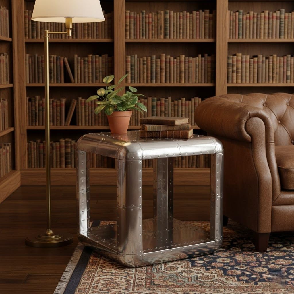 Aviator Side Table with Small Drawer Aluminum Finish Industrial Riveted Accent Table