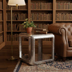 Aviator Side Table with Small Drawer Aluminum Finish Industrial Riveted Accent Table