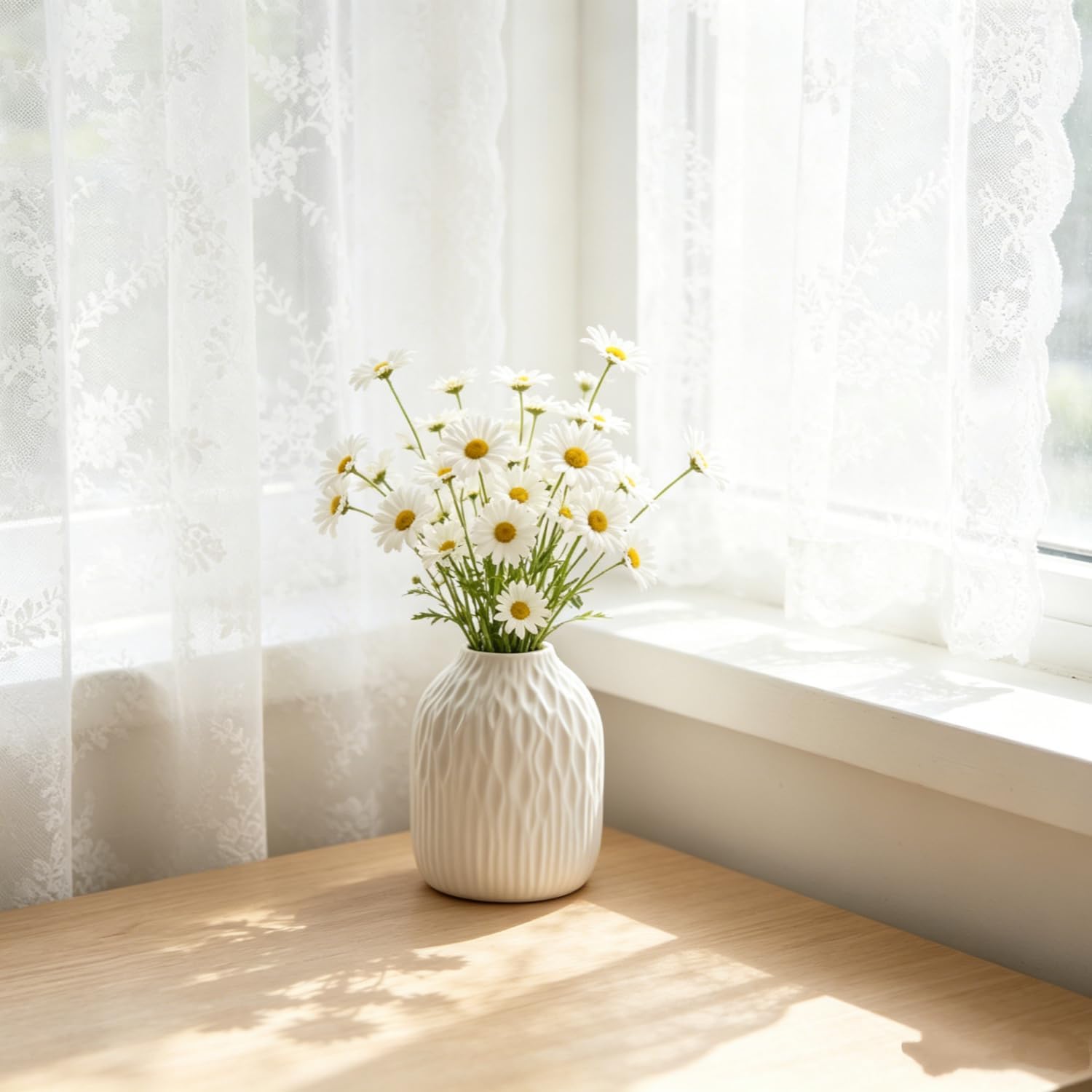 White Ceramic Flower Vase, 6 Inch Modern Vases Home Decor, White Ribbed Vases for Flowers,Pampas Grass Vase for Centerpieces Living Room Table Entryway Shelf (Small)