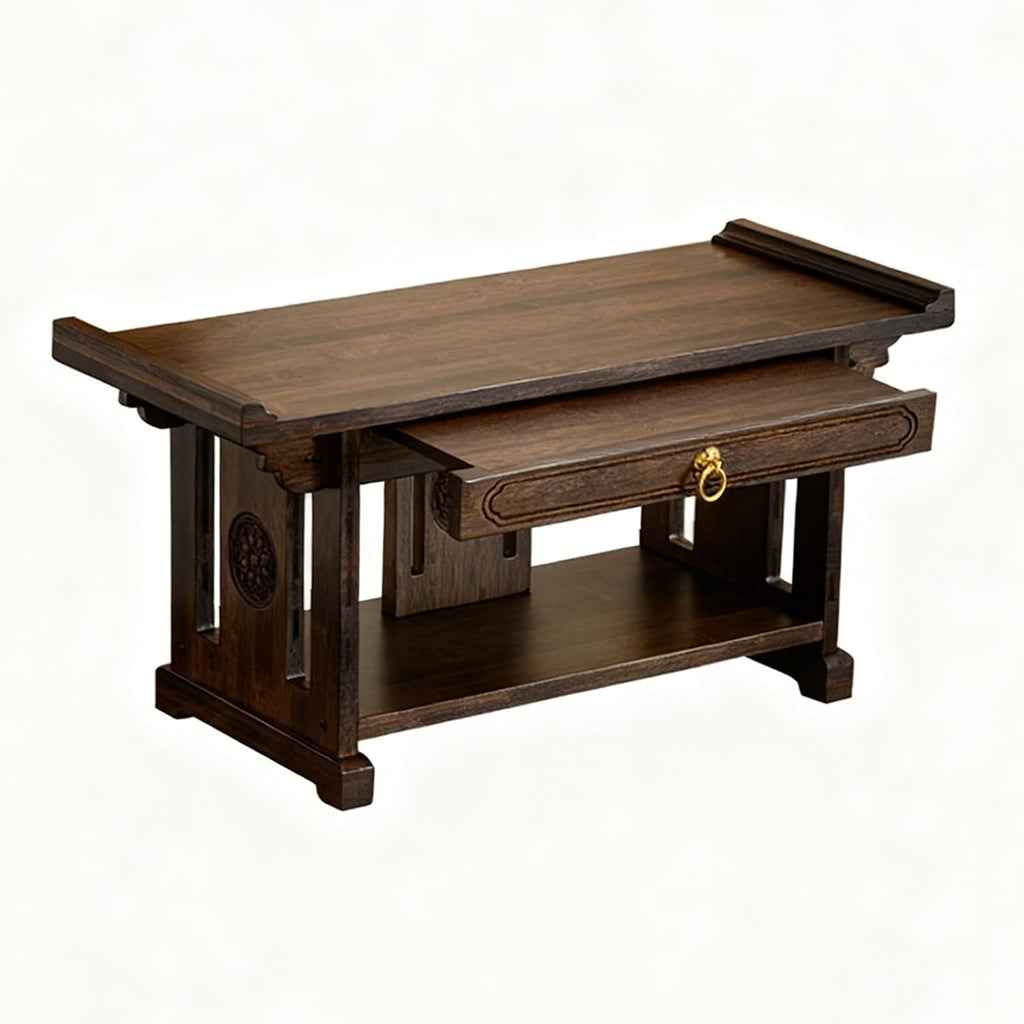 2-Tier Meditation Table, Personal Shrine Altar Cabinet with Retractable Pull Plate, Bamboo Prayer Table for Living Room, Bedroom, Office(19.6 * 9.8 * 11in)