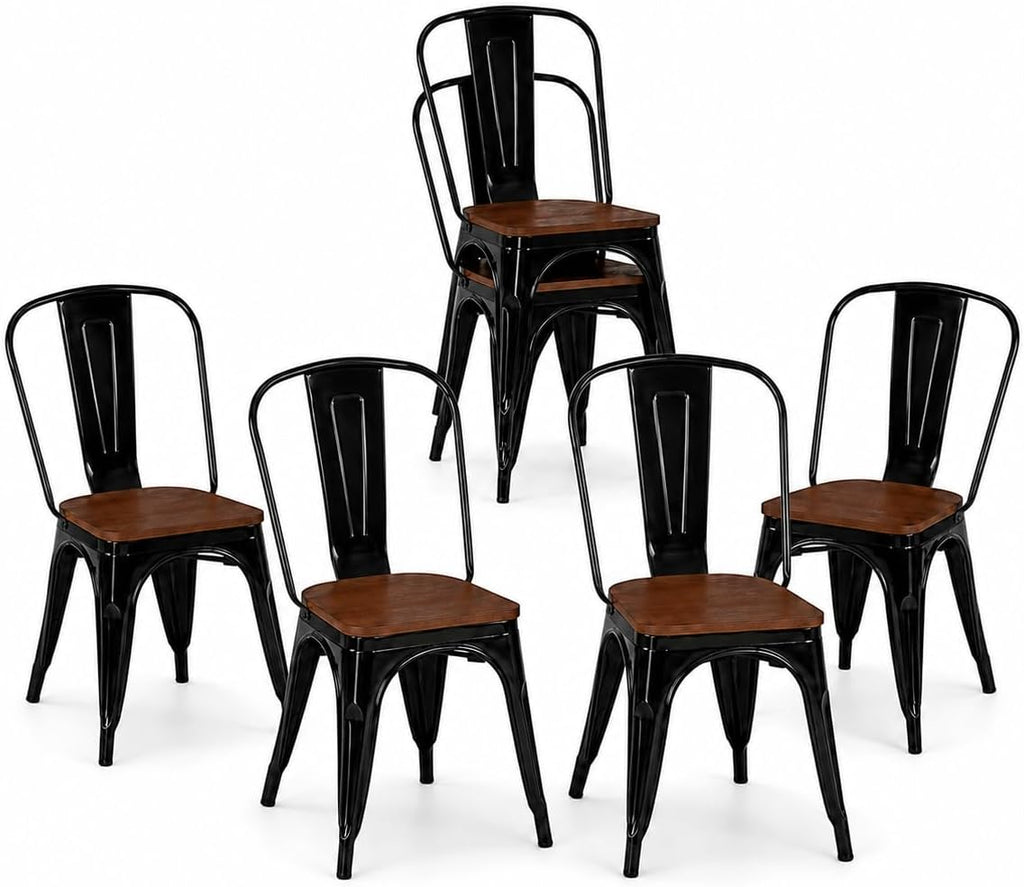 Black Metal Dining Chairs Set of 6 with Wood Seat, Stackable Metal Kitchen Chairs for Dining,Kitchen Room and Outdoor Patio