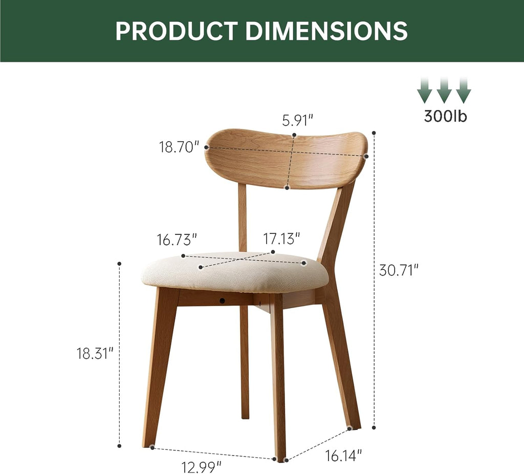 100% Solid Wood Upholstered Dining Chairs, Mid Century Modern Oak Dining Chairs with Curved Back Design with Butterfly Wing Shape for Kitchen, Dining Room, Restaurant (6, Log Color-Beige Cushion)